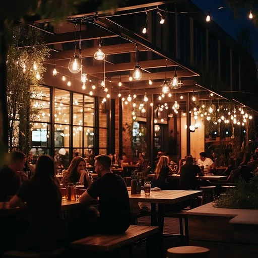 Illustrative AI-generated evening patio scene, not a Local Chemistry event or partner venue
